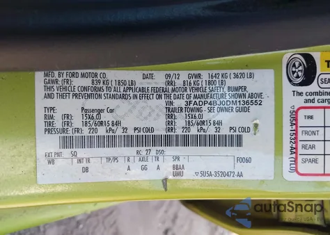 2013 Ford Fiesta Se z USA, uszkodzony, nr VIN 3FADP4BJ0DM136552